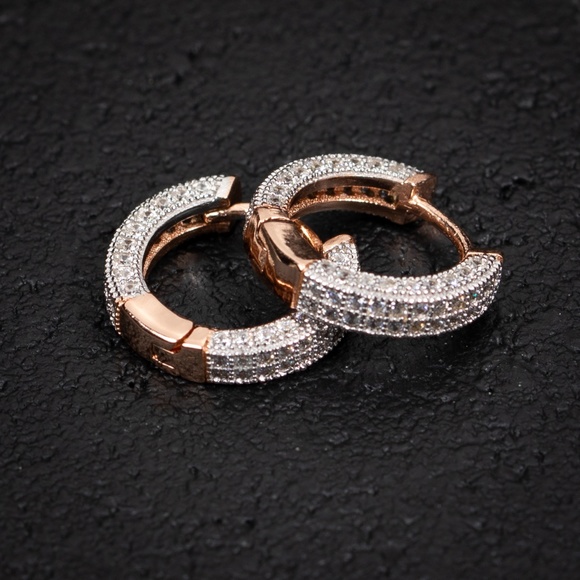 Small Two Tone Rose Gold Sterling Silver Iced Small CZ Men's Hoops Earrings - Picture 2 of 5